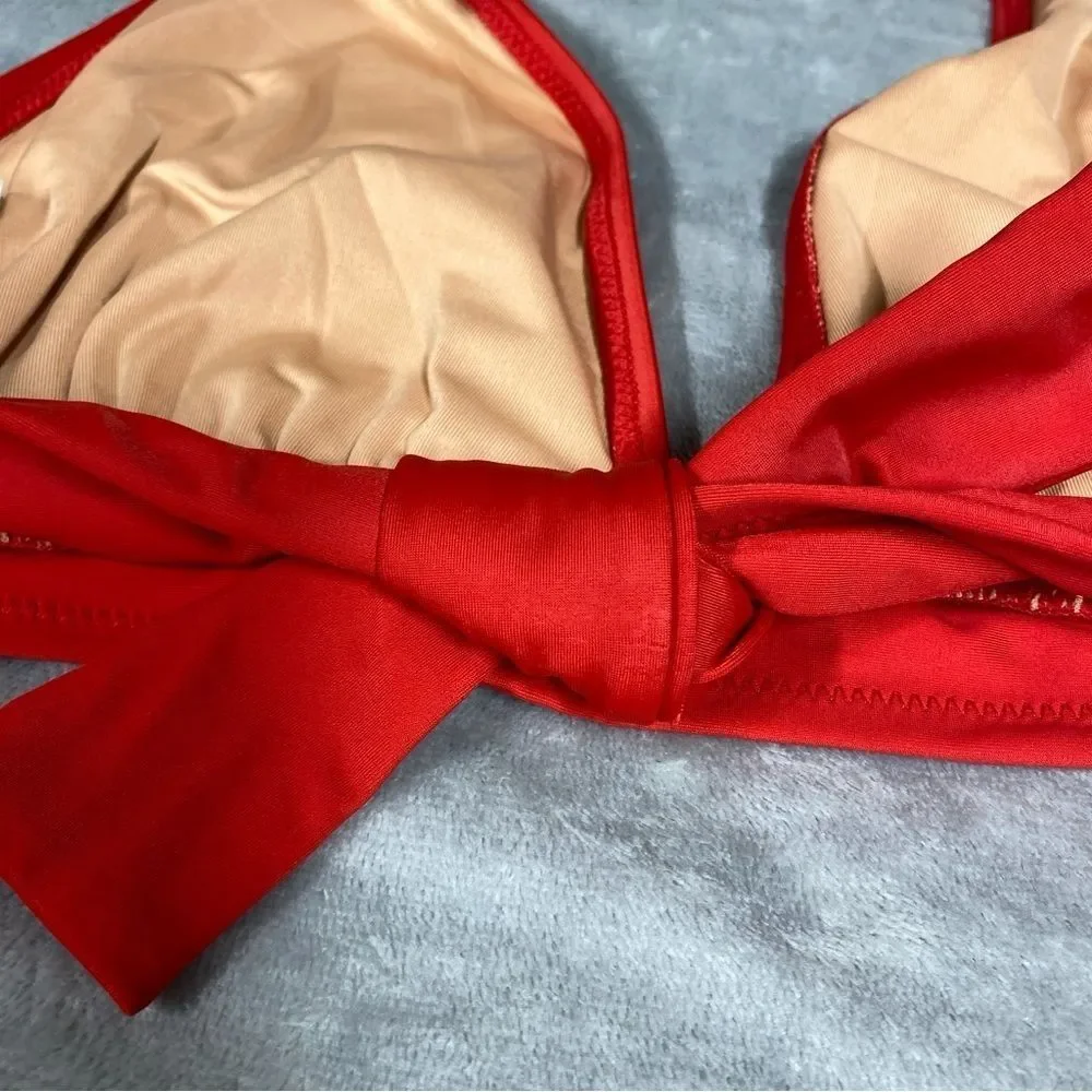 NEW J. Crew DD Halter Tie Back Bikini Top w/ Mesh V Neck Size M Venetian Red